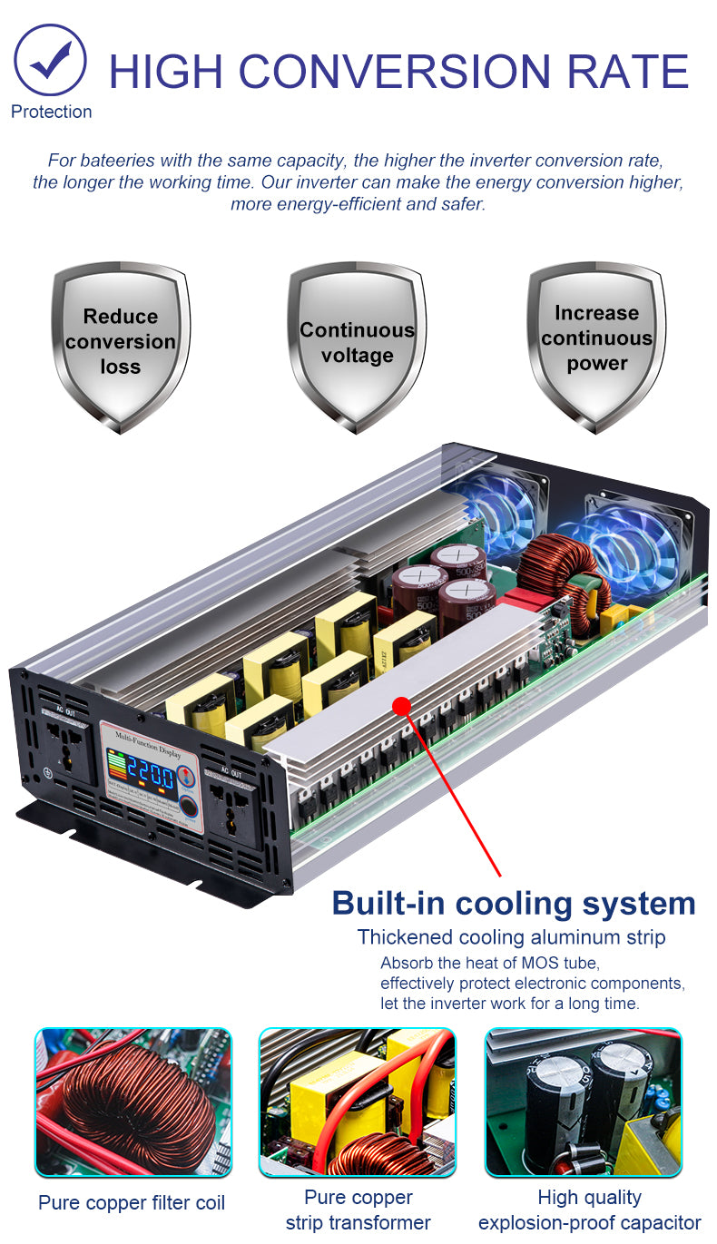 Color screen display high-power on-board inverter 12V 24V 48V 60V To 220V 6000W