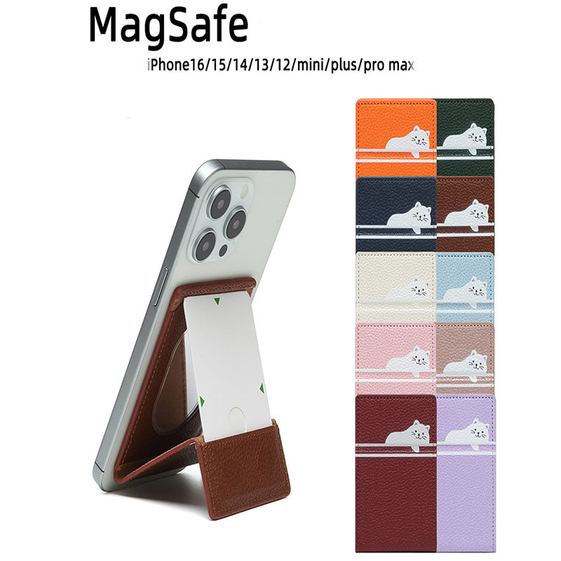 Compatible with iPhone 16 Pro Max magnetic mirror cardholder creative cartoon cat foldable MagSafe leather card case.