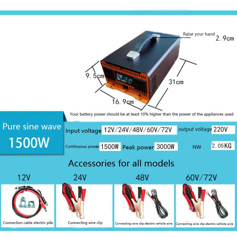 Pure sine wave inverter 12V 24V 48V 60V 72V 96V to 220V for cars, trucks, solar vehicles, and onboard converters 1300W