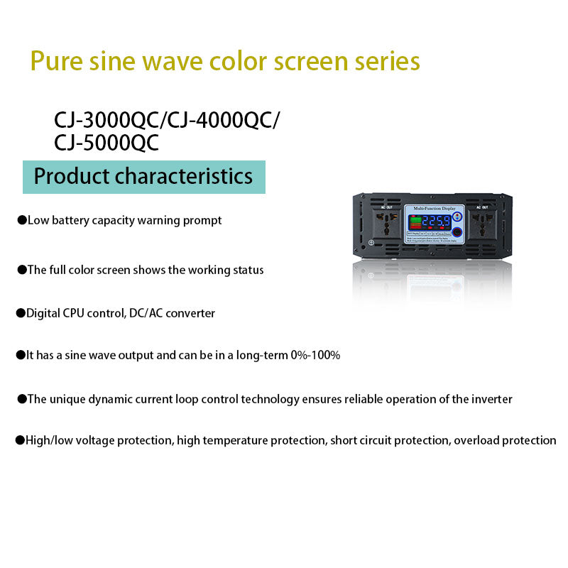Color screen display high-power on-board inverter 12V 24V 48V 60V To 220V 3000W