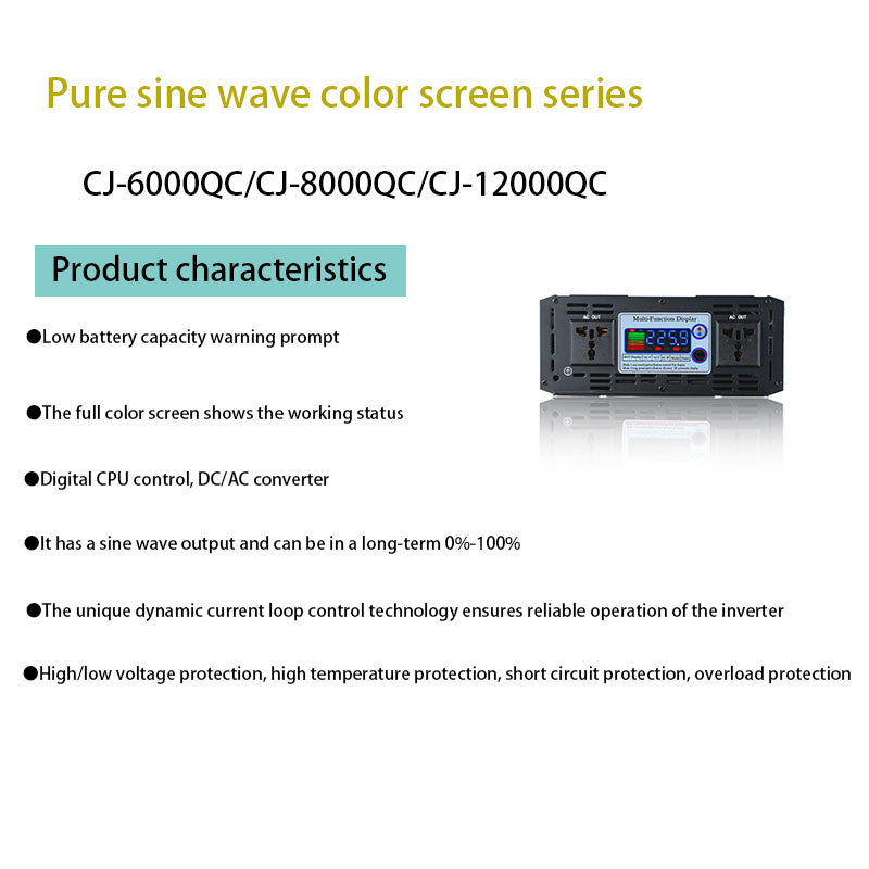 Color screen display high-power on-board inverter 12V 24V 48V 60V To 220V 3000W