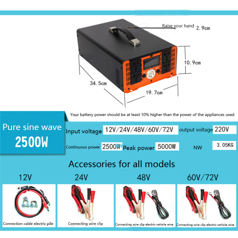 Pure sine wave inverter 12V 24V 48V 60V 72V 96V to 220V for cars, trucks, solar vehicles, and onboard converters 1300W