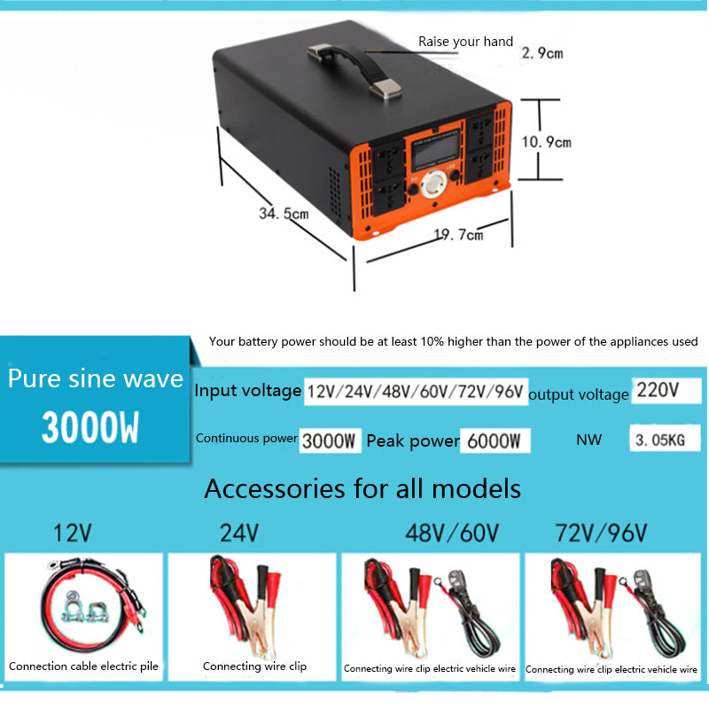Pure sine wave inverter 12V 24V 48V 60V 72V 96V to 220V for cars, trucks, solar vehicles, and onboard converters 1300W