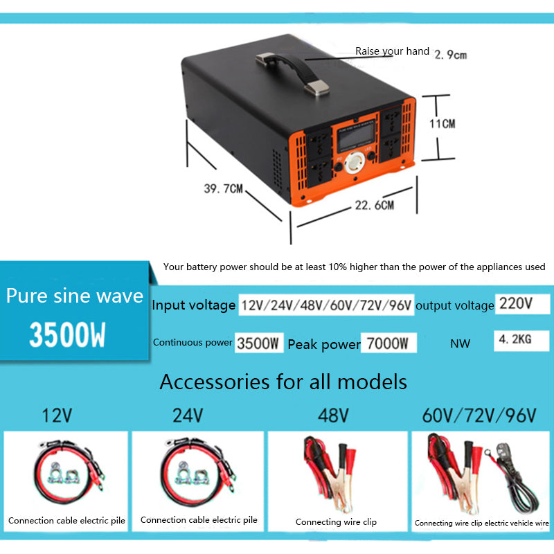 Pure sine wave inverter 12V 24V 48V 60V 72V 96V to 220V for cars, trucks, solar vehicles, and onboard converters 1300W