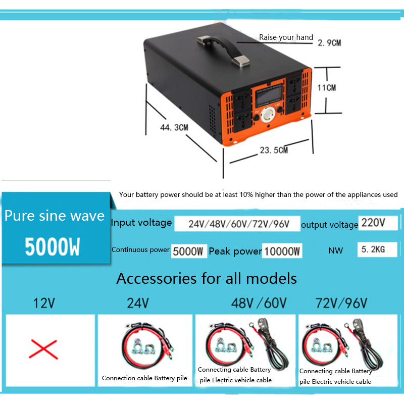 Pure sine wave inverter 12V 24V 48V 60V 72V 96V to 220V for cars, trucks, solar vehicles, and onboard converters 1300W