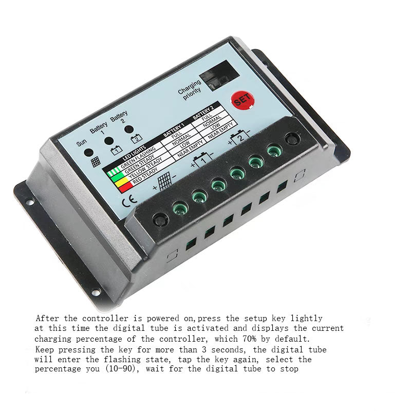 10A~30A solar system controller 12V/24V adaptive dual battery controller