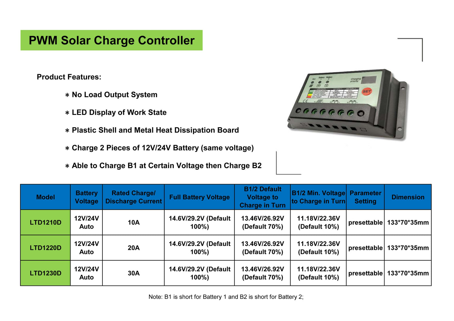 10A~30A solar system controller 12V/24V adaptive dual battery controller