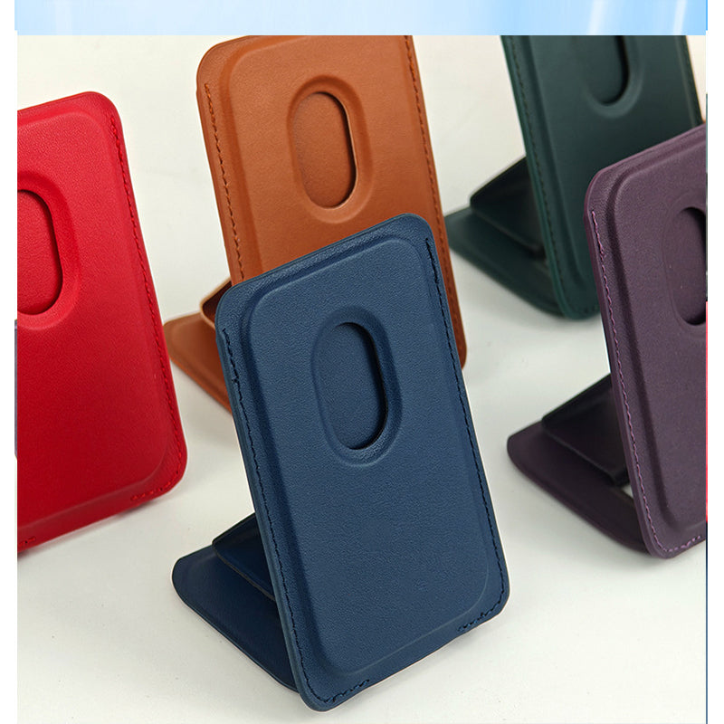 MagSafe magnetic leather card holder phone stand suitable for iPhone 16 with strong magnets and multifunctional features.