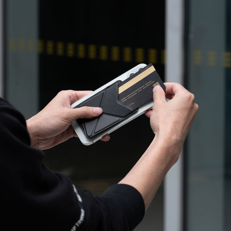 Phone back adhesive storage card holder, foldable leather case, stand card bag, back adhesive stand card insert, casual card holder card bag.