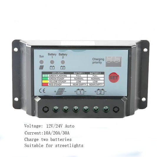 10A~30A solar system controller 12V/24V adaptive dual battery controller