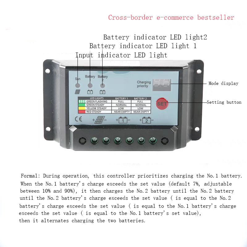 10A~30A solar system controller 12V/24V adaptive dual battery controller