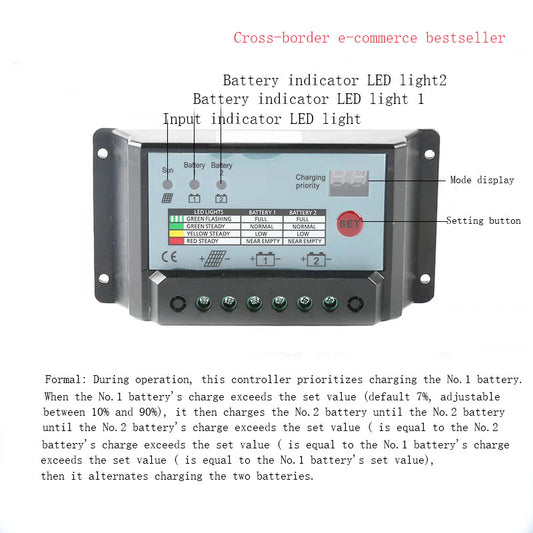 10A~30A solar system controller 12V/24V adaptive dual battery controller